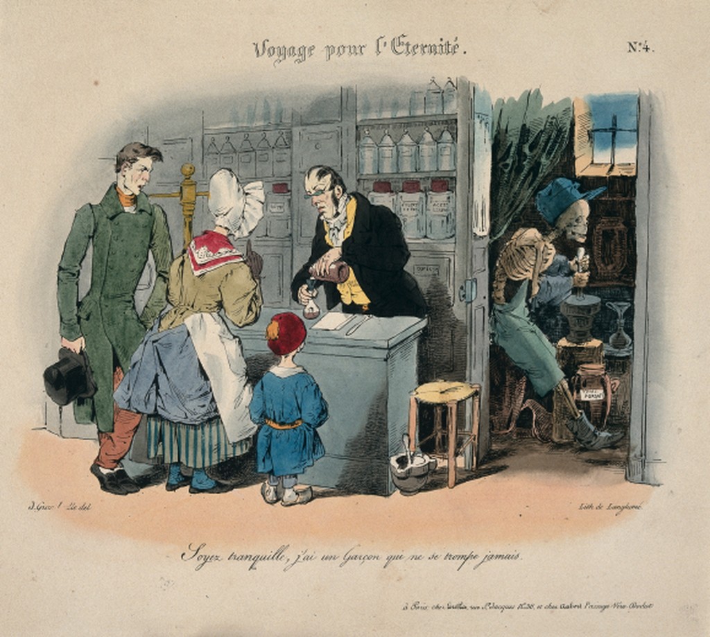 A couple buy some narcotics from an apothecary whose assistant, Death, works with a pestle and mortar in the back room. Coloured lithograph by J. Grandville.